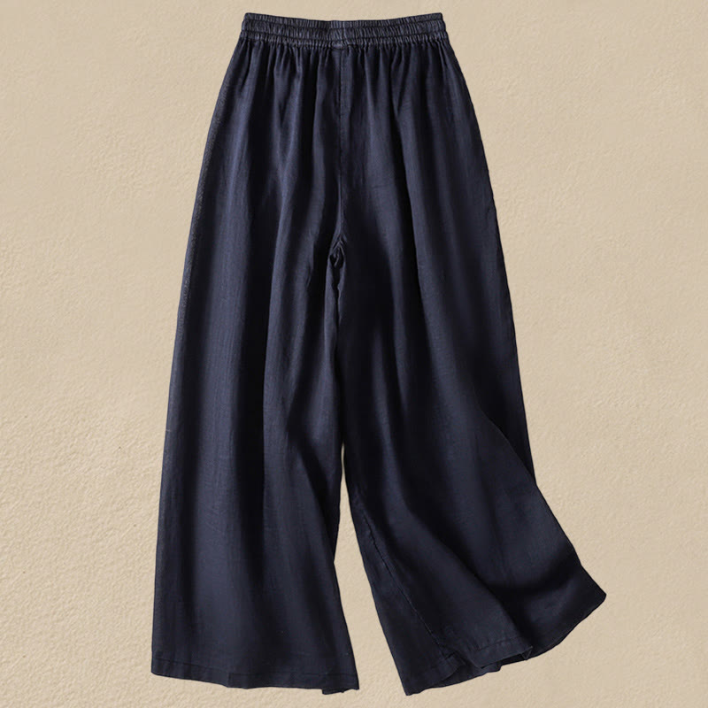 Pantaloni da donna in cotone a gamba larga con coulisse e ricamo Buddha Stones Commute, con tasche