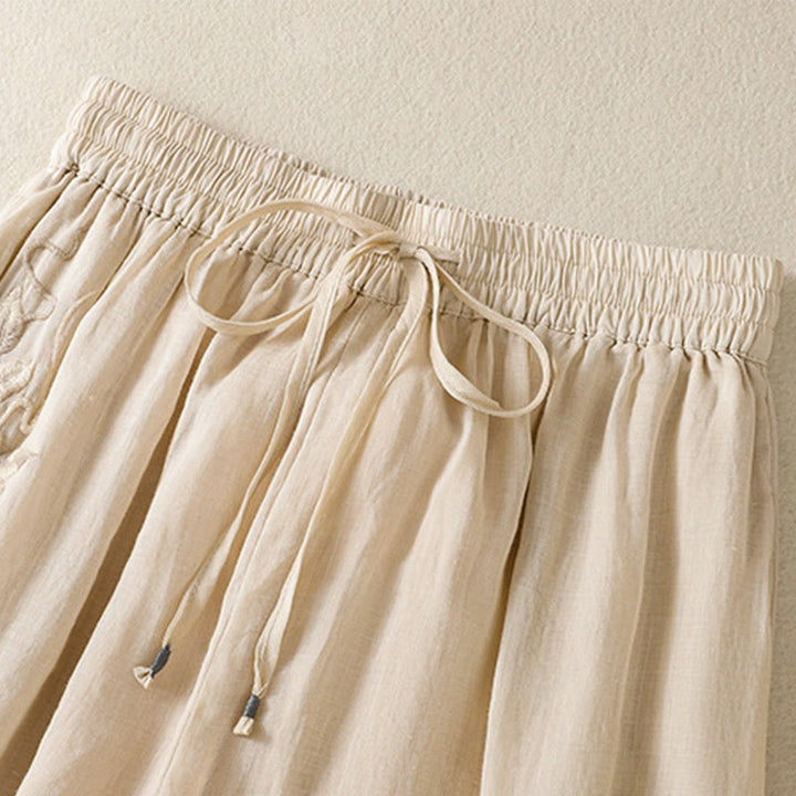 Pantaloni da donna in cotone a gamba larga con coulisse e ricamo Buddha Stones Commute, con tasche