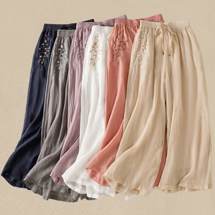 Pantaloni da donna in cotone a gamba larga con coulisse e ricamo Buddha Stones Commute, con tasche