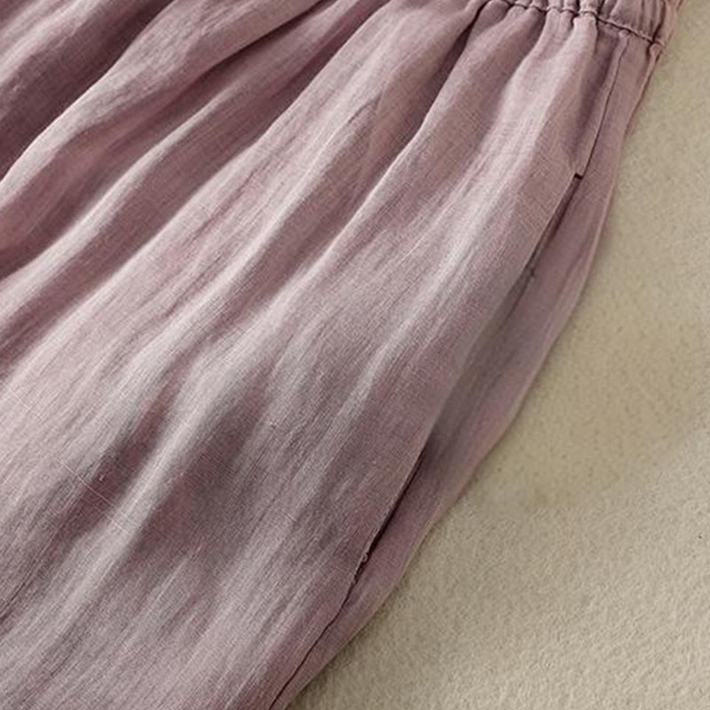 Pantaloni da donna in cotone a gamba larga con coulisse e ricamo Buddha Stones Commute, con tasche