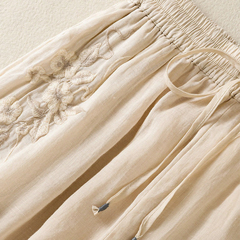 Pantaloni da donna in cotone a gamba larga con coulisse e ricamo Buddha Stones Commute, con tasche - image 12