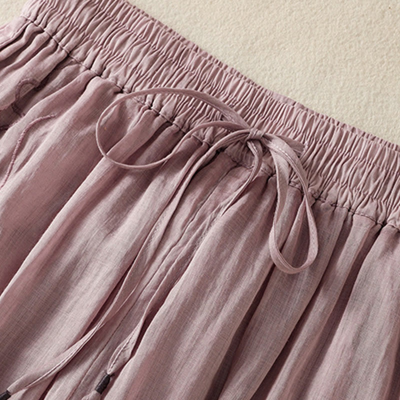 Pantaloni da donna in cotone a gamba larga con coulisse e ricamo Buddha Stones Commute, con tasche