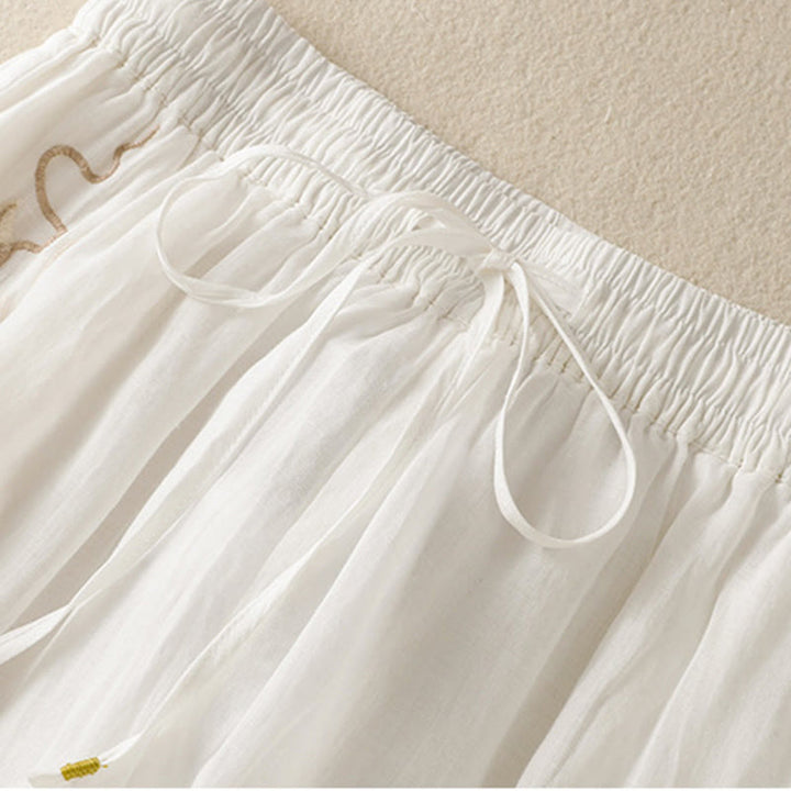 Pantaloni da donna in cotone a gamba larga con coulisse e ricamo Buddha Stones Commute, con tasche