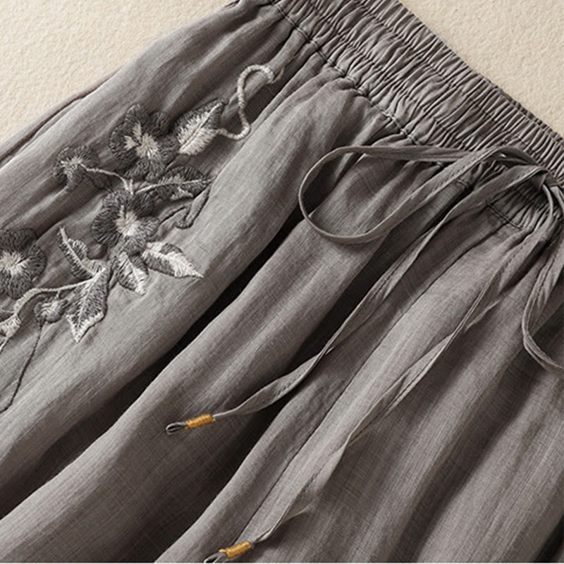 Pantaloni da donna in cotone a gamba larga con coulisse e ricamo Buddha Stones Commute, con tasche
