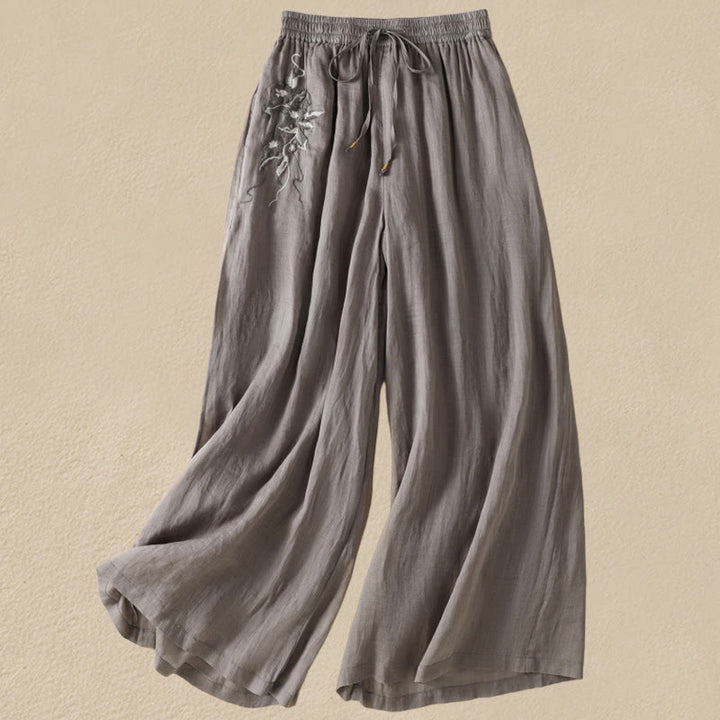 Pantaloni da donna in cotone a gamba larga con coulisse e ricamo Buddha Stones Commute, con tasche