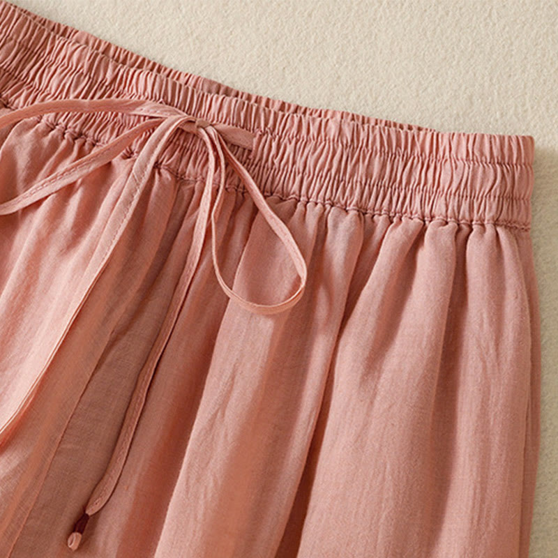 Pantaloni da donna in cotone a gamba larga con coulisse e ricamo Buddha Stones Commute, con tasche