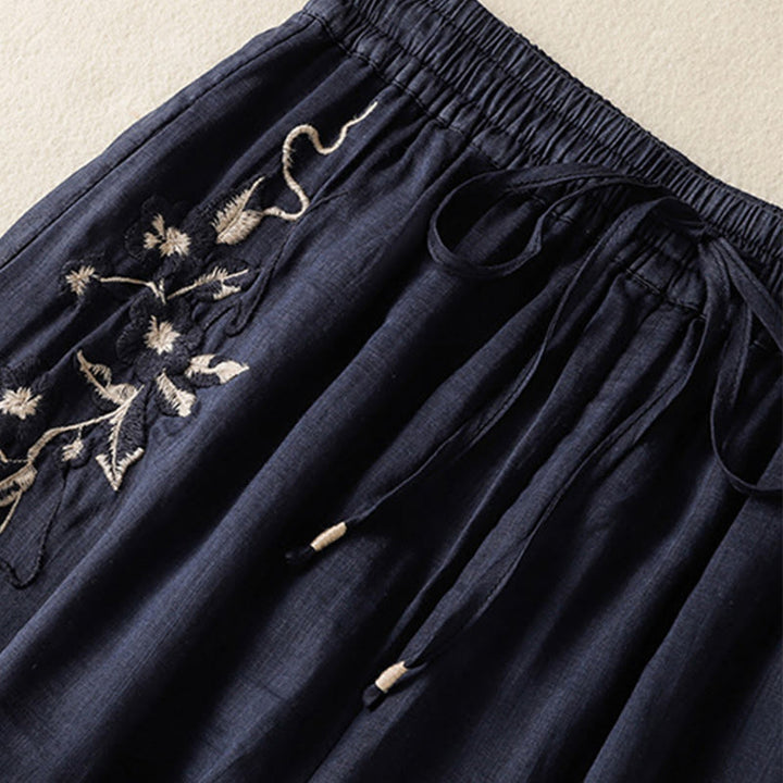 Pantaloni da donna in cotone a gamba larga con coulisse e ricamo Buddha Stones Commute, con tasche