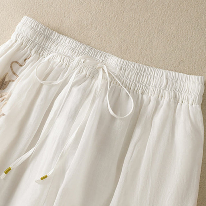 Pantaloni da donna in cotone a gamba larga con coulisse e ricamo Buddha Stones Commute, con tasche