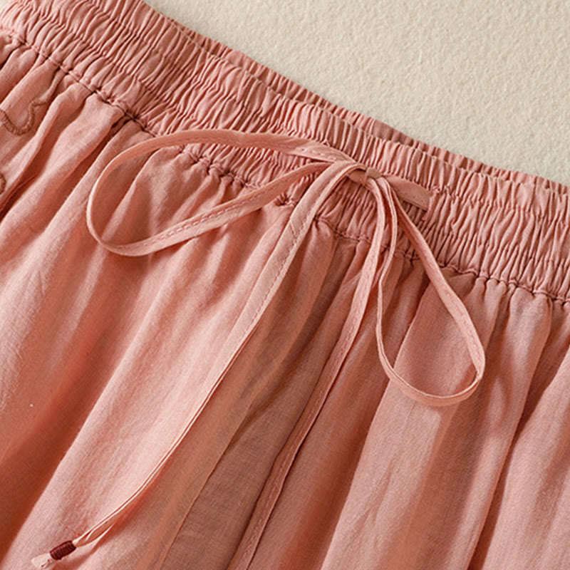 Pantaloni da donna in cotone a gamba larga con coulisse e ricamo Buddha Stones Commute, con tasche