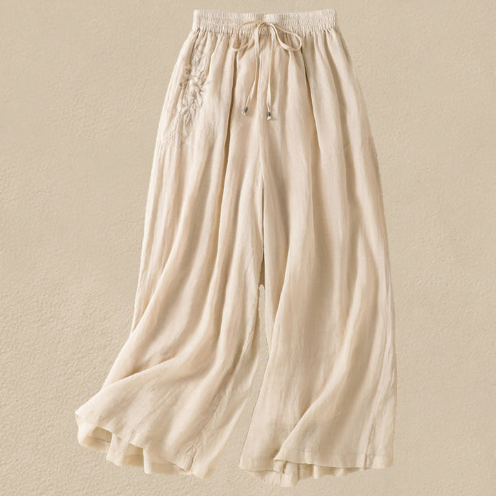 Pantaloni da donna in cotone a gamba larga con coulisse e ricamo Buddha Stones Commute, con tasche