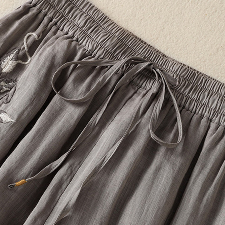 Pantaloni da donna in cotone a gamba larga con coulisse e ricamo Buddha Stones Commute, con tasche