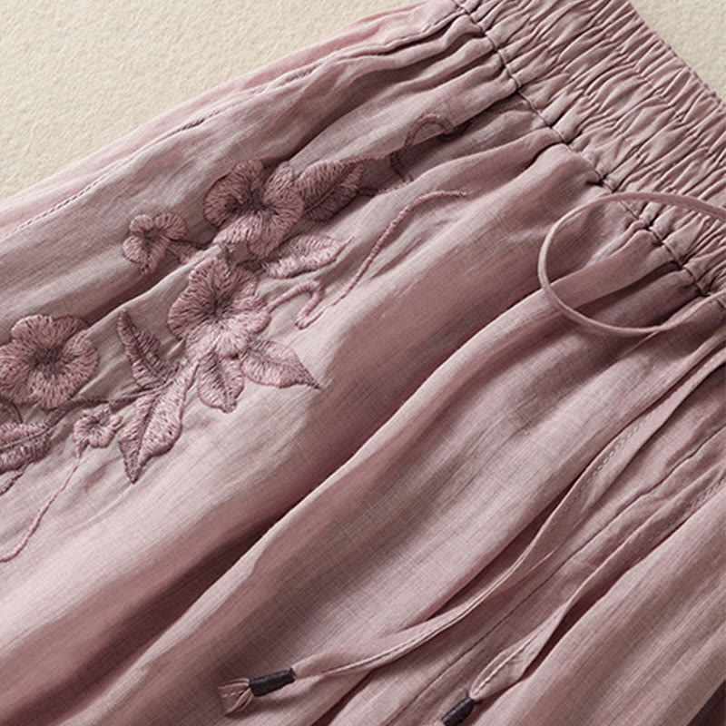 Pantaloni da donna in cotone a gamba larga con coulisse e ricamo Buddha Stones Commute, con tasche - image 37