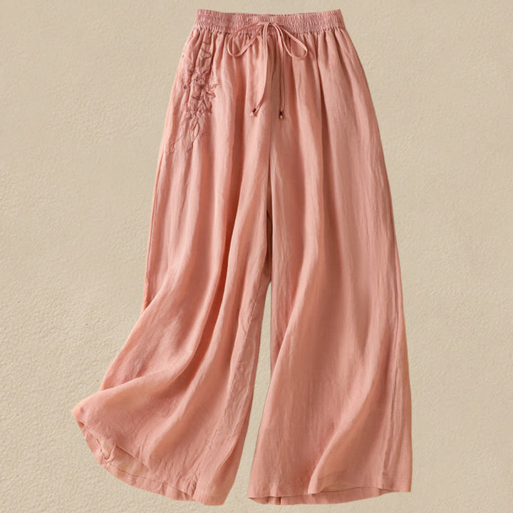 Pantaloni da donna in cotone a gamba larga con coulisse e ricamo Buddha Stones Commute, con tasche