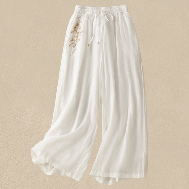 Pantaloni da donna in cotone a gamba larga con coulisse e ricamo Buddha Stones Commute, con tasche