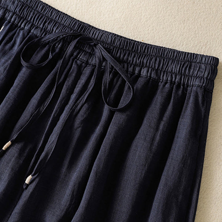 Pantaloni da donna in cotone a gamba larga con coulisse e ricamo Buddha Stones Commute, con tasche