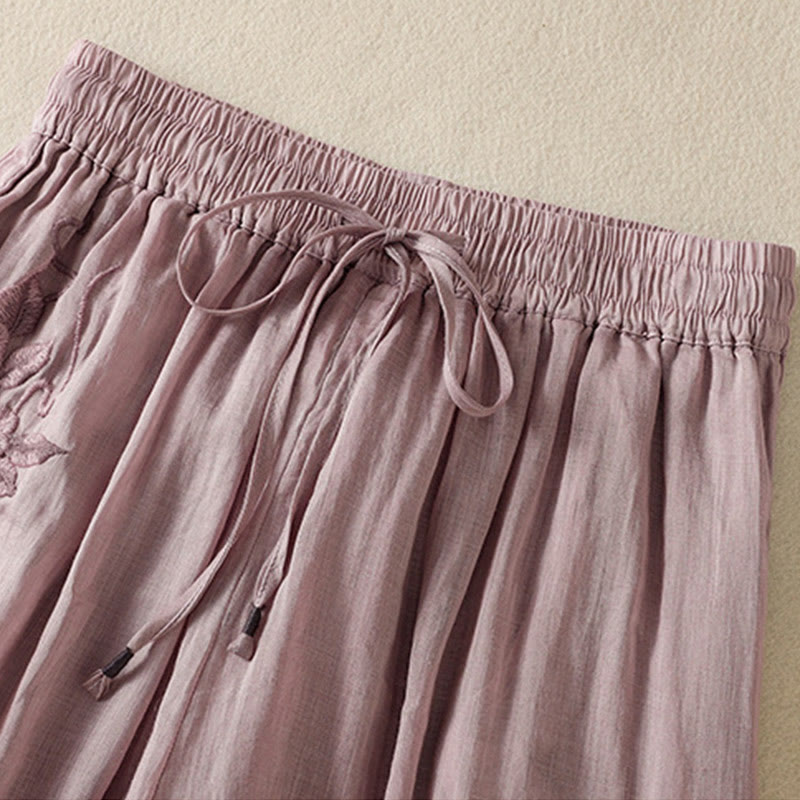 Pantaloni da donna in cotone a gamba larga con coulisse e ricamo Buddha Stones Commute, con tasche
