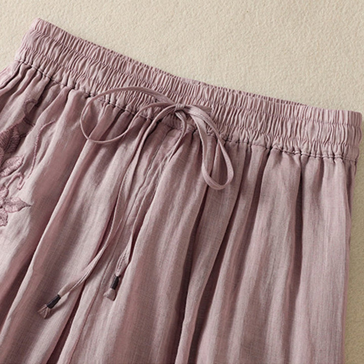 Pantaloni da donna in cotone a gamba larga con coulisse e ricamo Buddha Stones Commute, con tasche