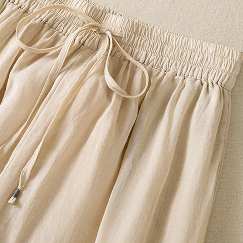 Pantaloni da donna in cotone a gamba larga con coulisse e ricamo Buddha Stones Commute, con tasche