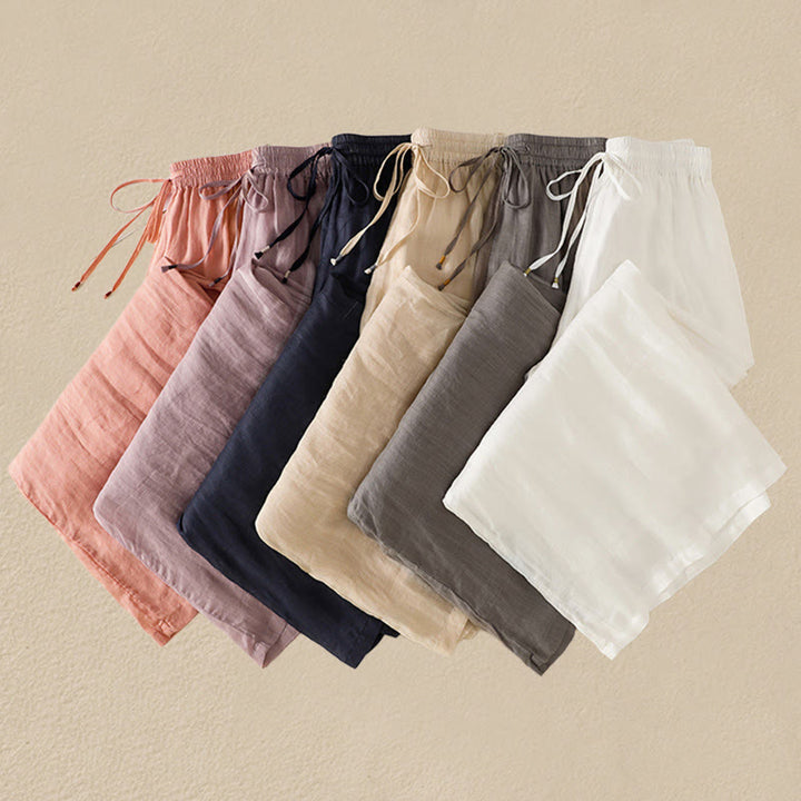 Pantaloni da donna in cotone a gamba larga con coulisse e ricamo Buddha Stones Commute, con tasche