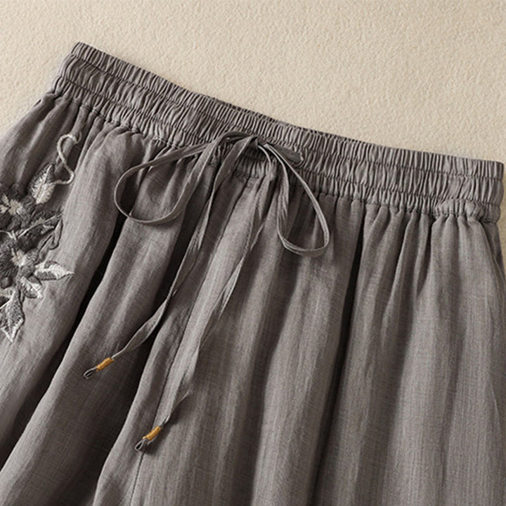 Pantaloni da donna in cotone a gamba larga con coulisse e ricamo Buddha Stones Commute, con tasche