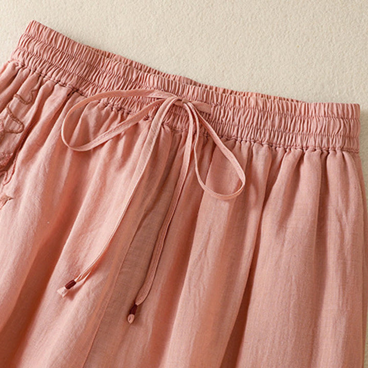 Pantaloni da donna in cotone a gamba larga con coulisse e ricamo Buddha Stones Commute, con tasche