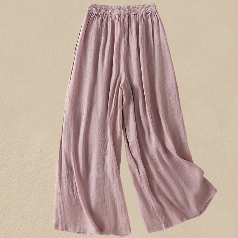 Pantaloni da donna in cotone a gamba larga con coulisse e ricamo Buddha Stones Commute, con tasche