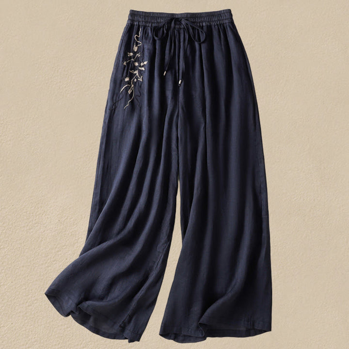 Pantaloni da donna in cotone a gamba larga con coulisse e ricamo Buddha Stones Commute, con tasche