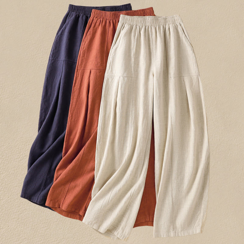 Pantaloni harem da donna in lino e cotone con tasche, a vita alta, con design semplice e semplice, motivo Buddha Stones