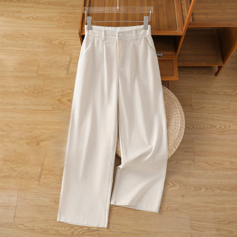 Pantaloni larghi da donna in cotone e lino con tasche, modello Buddha Stones, casual, con cinturino in pizzo cavo