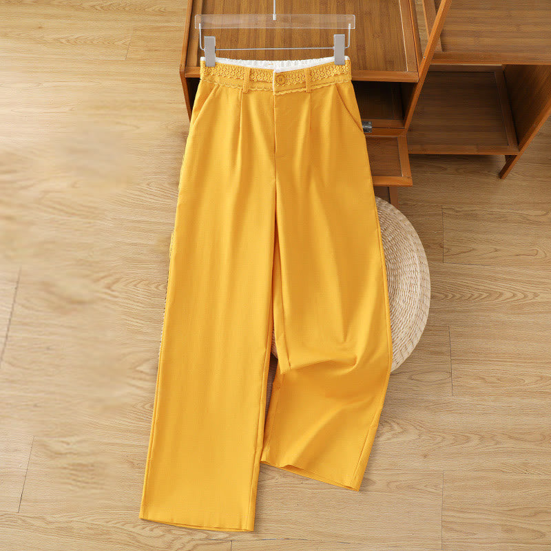 Pantaloni larghi da donna in cotone e lino con tasche, modello Buddha Stones, casual, con cinturino in pizzo cavo