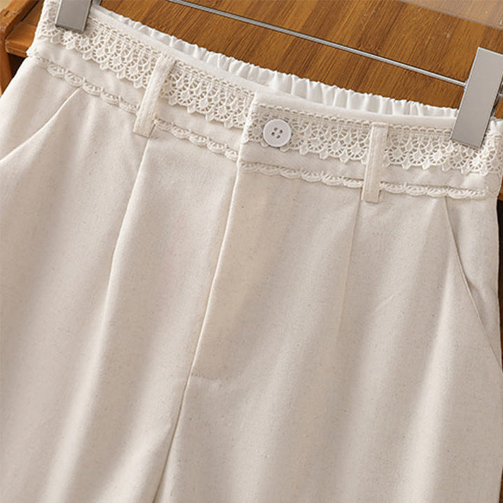 Pantaloni larghi da donna in cotone e lino con tasche, modello Buddha Stones, casual, con cinturino in pizzo cavo