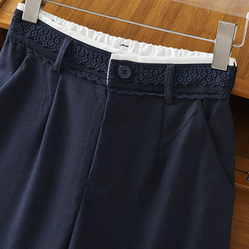 Pantaloni larghi da donna in cotone e lino con tasche, modello Buddha Stones, casual, con cinturino in pizzo cavo