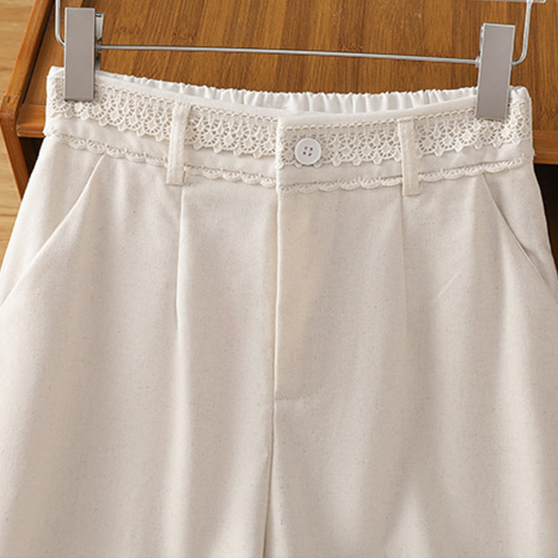 Pantaloni larghi da donna in cotone e lino con tasche, modello Buddha Stones, casual, con cinturino in pizzo cavo