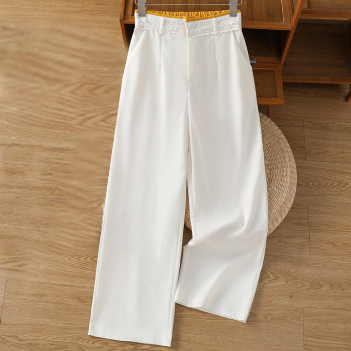 Pantaloni larghi da donna in cotone e lino con tasche, modello Buddha Stones, casual, con cinturino in pizzo cavo