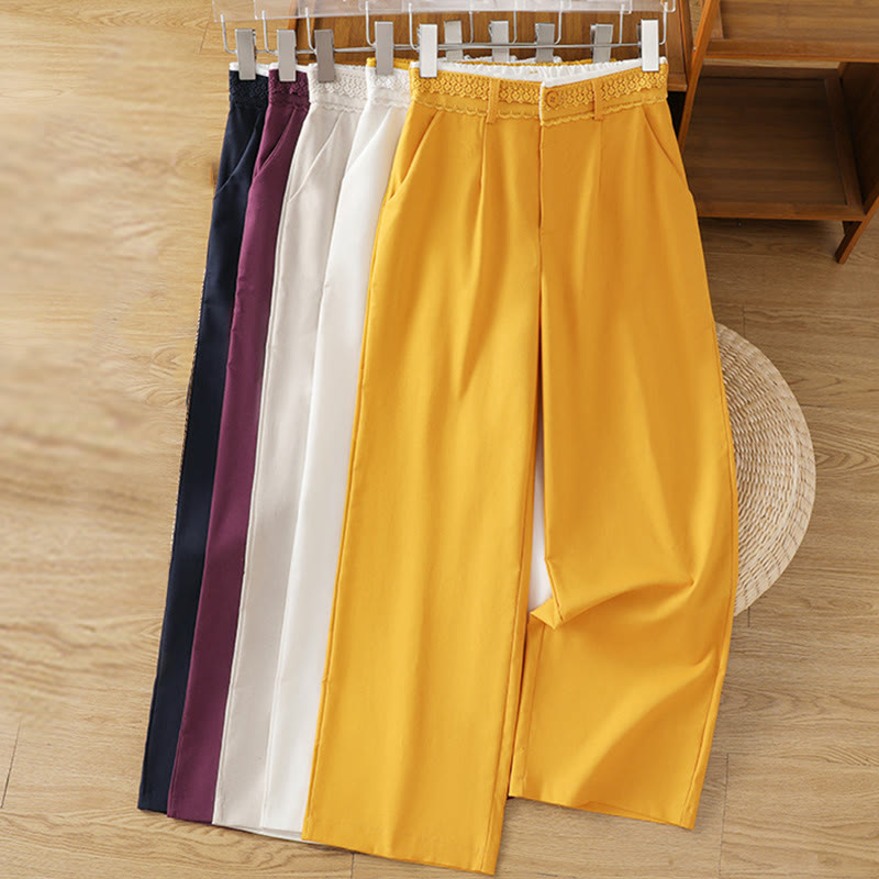 Pantaloni larghi da donna in cotone e lino con tasche, modello Buddha Stones, casual, con cinturino in pizzo cavo