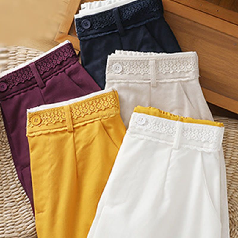 Pantaloni larghi da donna in cotone e lino con tasche, modello Buddha Stones, casual, con cinturino in pizzo cavo
