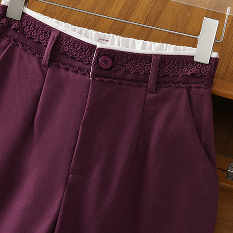 Pantaloni larghi da donna in cotone e lino con tasche, modello Buddha Stones, casual, con cinturino in pizzo cavo
