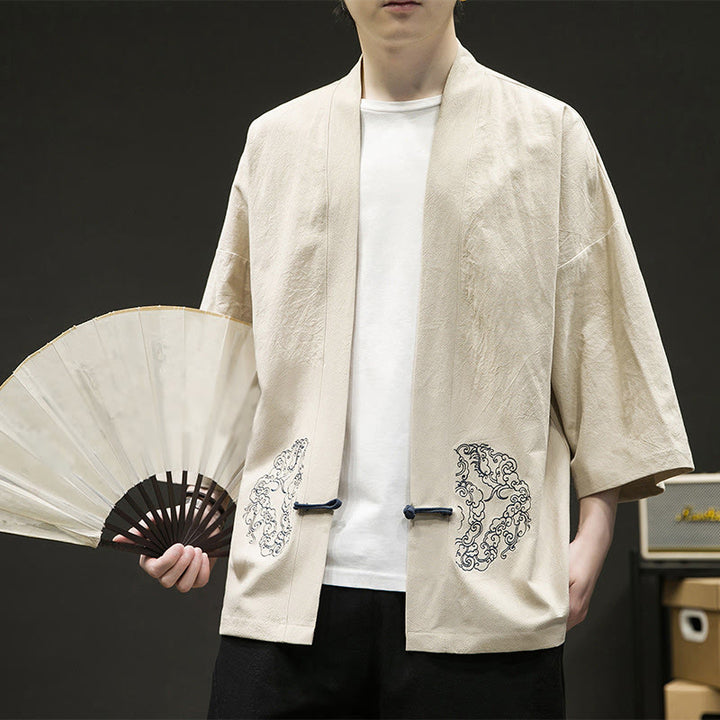 Giacca da uomo in cotone e lino con maniche lunghe, motivo a rana cinese, aperta sul davanti, motivo Buddha Stones - image 10