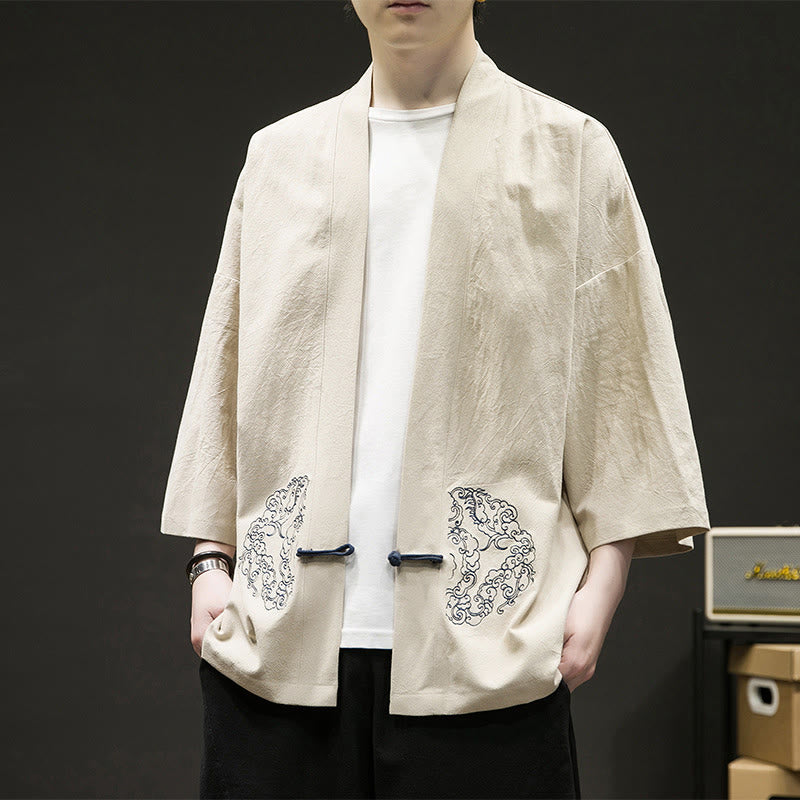 Giacca da uomo in cotone e lino con maniche lunghe, motivo a rana cinese, aperta sul davanti, motivo Buddha Stones - Beige - US/UK/AU46, EU56 (5XL) - image 9