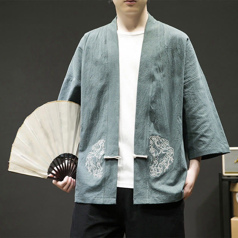 Giacca da uomo in cotone e lino con maniche lunghe, motivo a rana cinese, aperta sul davanti, motivo Buddha Stones - VerdeMare Chiaro - US/UK/AU46, EU56 (5XL) - image 5