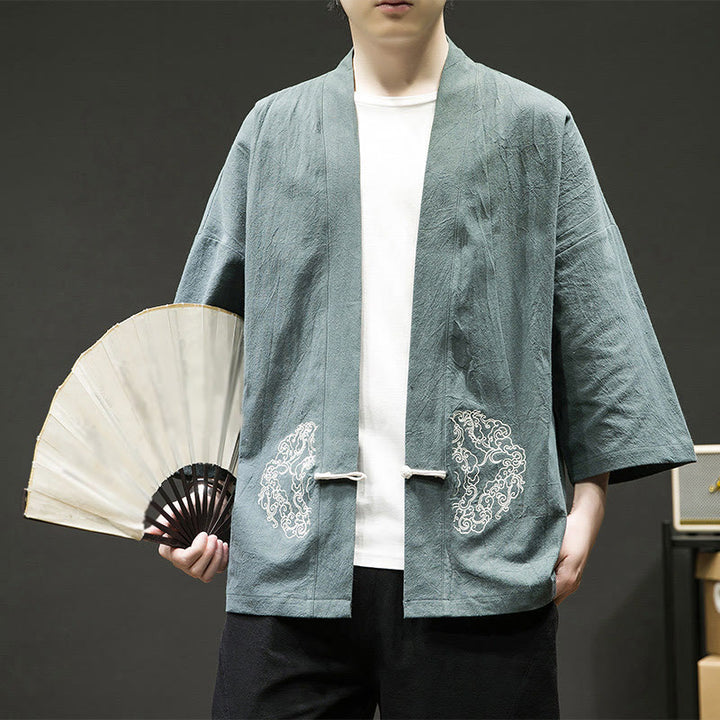 Giacca da uomo in cotone e lino con maniche lunghe, motivo a rana cinese, aperta sul davanti, motivo Buddha Stones - VerdeMare Chiaro - US/UK/AU46, EU56 (5XL) - image 5