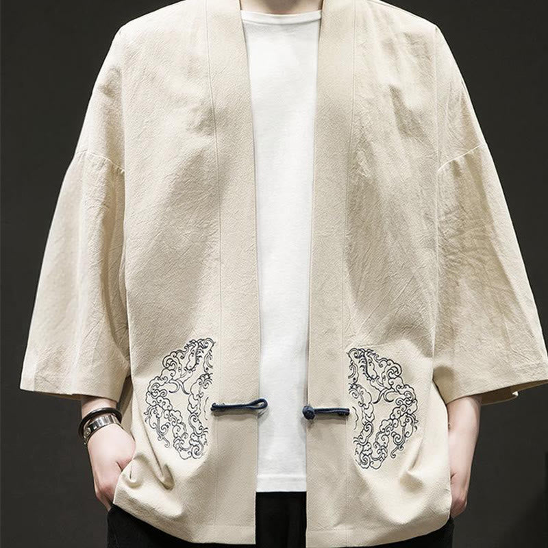 Giacca da uomo in cotone e lino con maniche lunghe, motivo a rana cinese, aperta sul davanti, motivo Buddha Stones - image 11