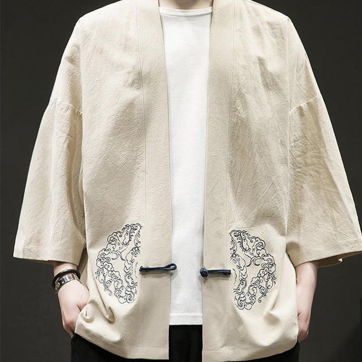Giacca da uomo in cotone e lino con maniche lunghe, motivo a rana cinese, aperta sul davanti, motivo Buddha Stones - image 11