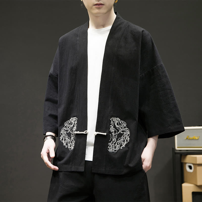 Giacca da uomo in cotone e lino con maniche lunghe, motivo a rana cinese, aperta sul davanti, motivo Buddha Stones - Nero - US/UK/AU46, EU56 (5XL) - image 1