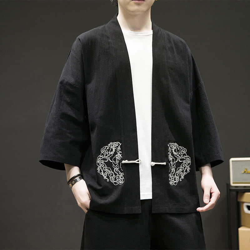 Giacca da uomo in cotone e lino con maniche lunghe, motivo a rana cinese, aperta sul davanti, motivo Buddha Stones - image 2