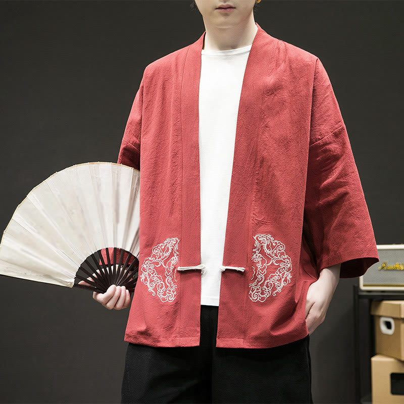 Giacca da uomo in cotone e lino con maniche lunghe, motivo a rana cinese, aperta sul davanti, motivo Buddha Stones - Arancione Rosso - US/UK/AU46, EU56 (5XL) - image 14