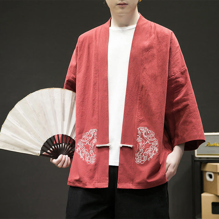 Giacca da uomo in cotone e lino con maniche lunghe, motivo a rana cinese, aperta sul davanti, motivo Buddha Stones - Arancione Rosso - US/UK/AU46, EU56 (5XL) - image 14
