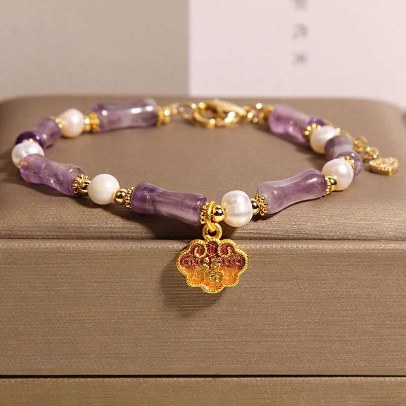Bracciale dell'equilibrio di perle di ametista e carattere Fu a forma di bambù con lucchetto della pace naturale Buddha Stones - Ametista (circonferenza del polso: 18-22 cm) - image 1