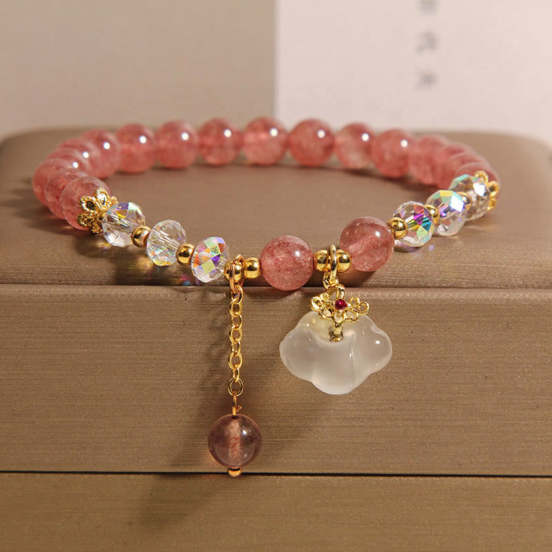 Braccialetto positivo Buddha Stones, nuvole di buon auspicio, quarzo fragola, agata bianca, cristallo bianco - Quarzo fragola (circonferenza del polso: 16-18 cm) - image 1