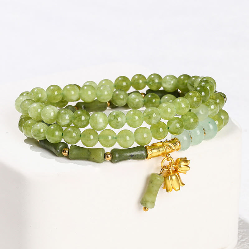Bracciale Buddha Stones Retro Multistrato Mughetto Bambù Calcedonio Verde Forza - image 4